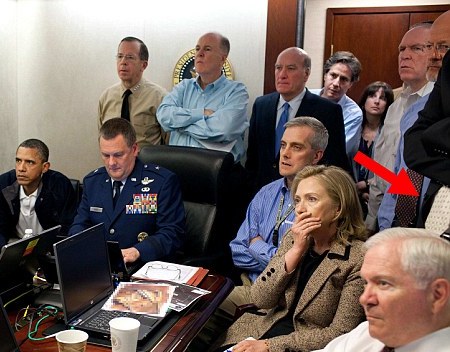 Looks familiar: The tell-tale tie can be seen on the right hand side of this, now famous, picture  Read more: http://www.dailymail.co.uk/news/article-2012228/Osama-Bin-Laden-dead-Is-THIS-CIA-operative-killed-Al-Qaedas-chief.html#ixzz1RgY4akWl