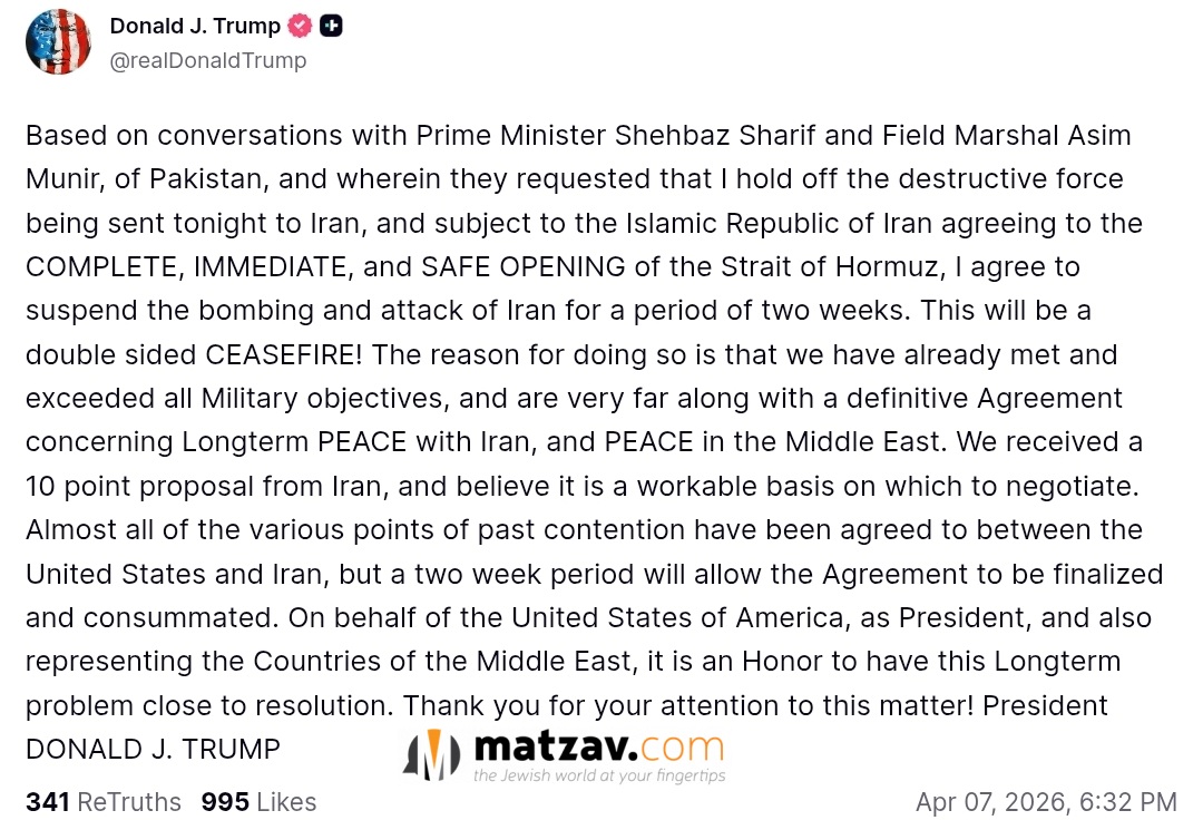 CEASEFIRE CONFIRMED: President Trump Says He Has Agreed to Suspend ‘Bombing and...