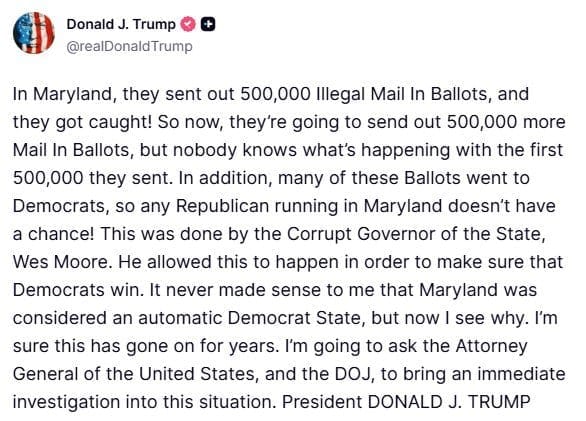 Trump: ‘Maryland Sent Out 500,000 Illegal Ballots… And They Got Caught!’