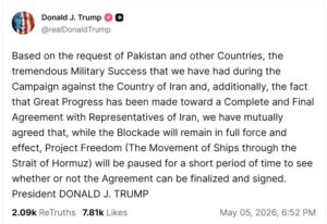 Trump Pauses ‘Project Freedom’ Initiative In Strait of Hormuz, Teases ‘Great Progress’ In Iran Talks Image