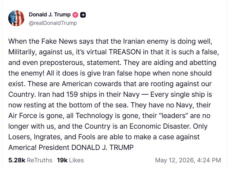 Trump: Media Criticism of Iran War is ‘Virtual Treason’