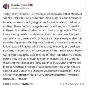 Trump Ends Medicaid Funds for Youth Trans Care