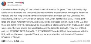 Trump Revs Up Tariffs On Canada To 50% On Autos And Steel — Says Ally No Longer Worthy Of 51st State Status